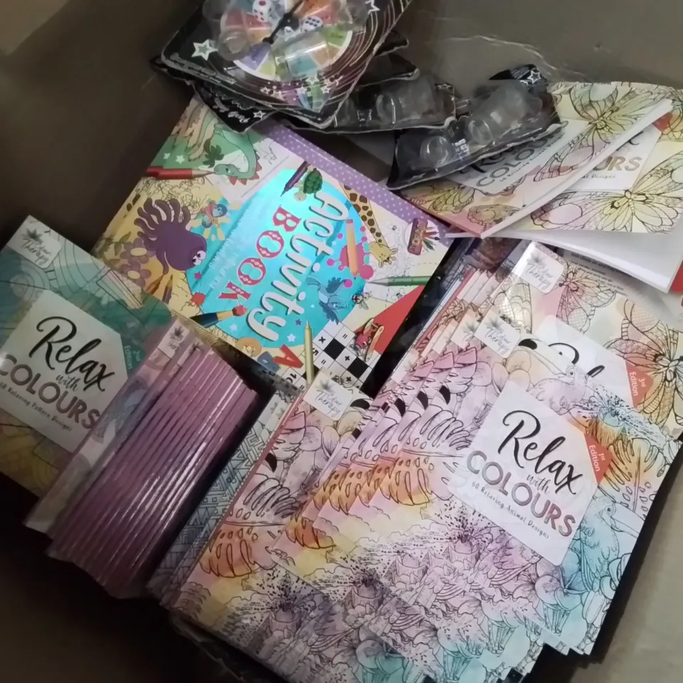BOX CONTAINING LARGE AMOUNT OF COLOURING BOOKS AND 2-IN-1 ADULT DRINKING GAMES