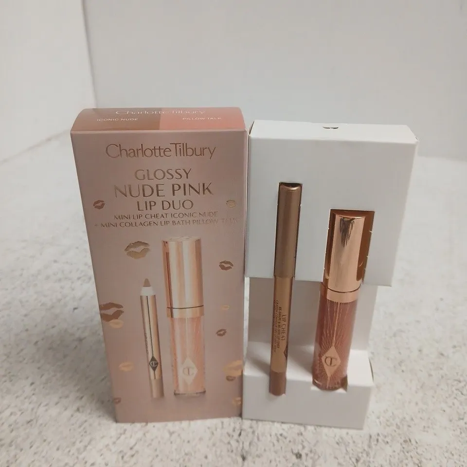 BOXED CHARLOTTE TILBURY GLOSSY NUDE PINK LIP DUO – MINI LIP KIT (ICONIC NUDE & PILLOW TALK)