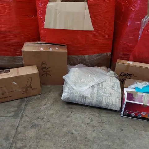 PALLET OF ASSORTED ITEMS INCLUDING: DESK CHAIR, EXERCISE BENCH, LARGE DESIGNER RUG, MULTIFUNCTIONAL CLOTHES DRYER, ICE BATH TUB