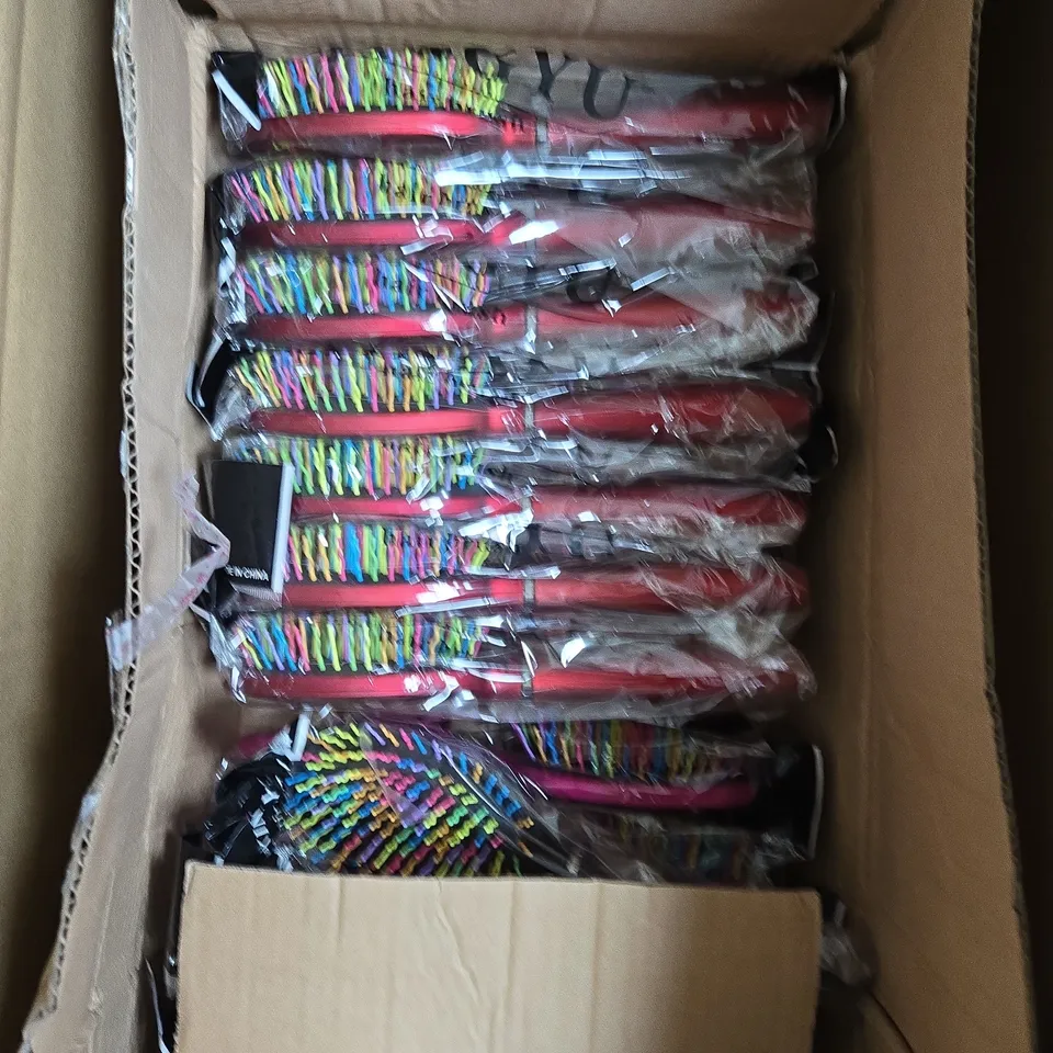BOX OF APPROXIMATELY 50 HAIRBRUSHES IN ASSORTED COLOURS AND DESIGNS