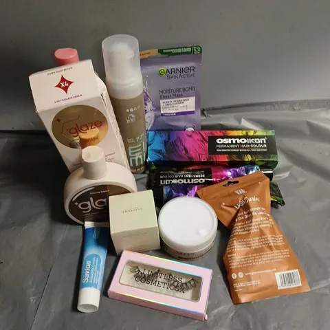 APPROXIMATELY 20 ASSORTED COSMETIC PRODUCTS INCLUDE - OSMO PERMANENT HAIR COLOUR - CLOMANA MAGIC MARSHMALLOW SPONGE - GLAZIPLEX SUPER BOND REPAIR TREATMENT - ETC