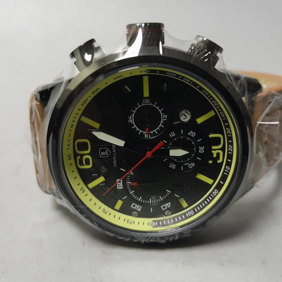 MENS LOUIS LACOMBE CHRONGRAPH WATCH – 3 SUB DIALS – BLACK CASE – LEATHER STRAP