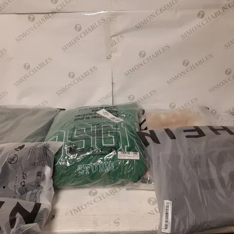 LARGE BOX OF ASSORTED CLOTHING ITEMS IN VARIOUS COLOURS AND SIZES INCLUDING TROUSERS , TOPS AND JUMPERS