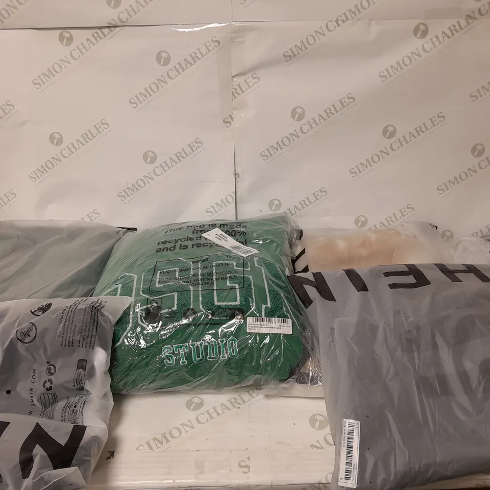 LARGE BOX OF ASSORTED CLOTHING ITEMS IN VARIOUS COLOURS AND SIZES INCLUDING TROUSERS , TOPS AND JUMPERS 