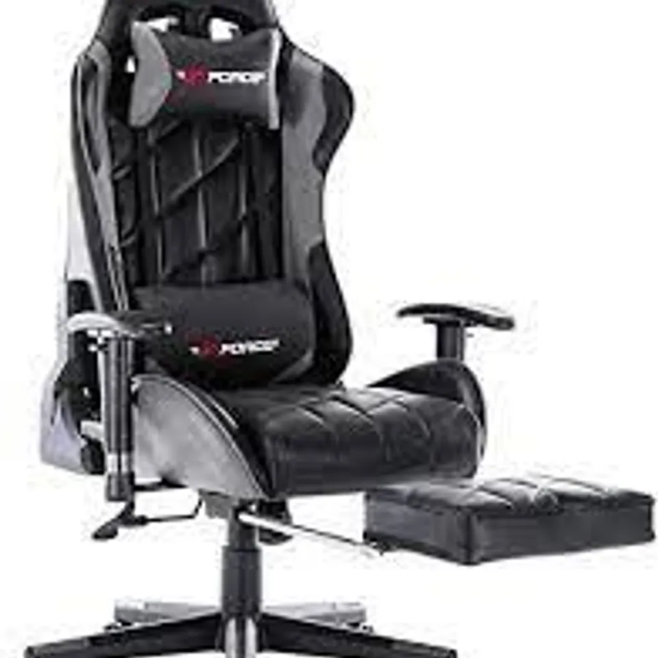 BOXED GT FORCE PROFX LEATHER RACING SPORTS OFFICE CHAIR WITH FOOTSTOOL IN BLACK & GREY