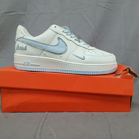BOXED PAIR OF NIKE AIR FORCE 1 CUSTOM KEEP FRESH SHOES IN OFF WHITE/LIGHT BLUE SIZE UK 8.5