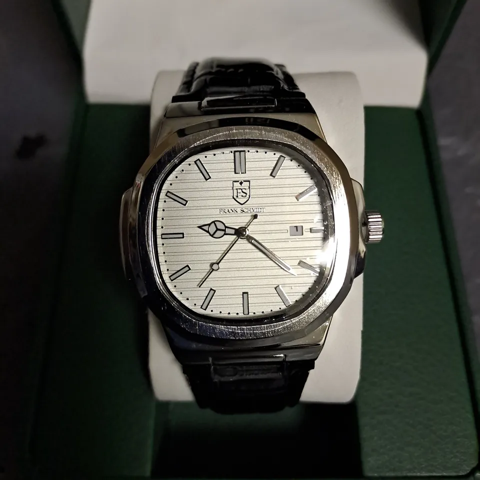 FRANK SCHMIDT WHITE DIAL GENTS WATCH WITH STAINLESS STEEL BACKCASE, BLACK LEATHER STRAP IN GIFT BOX