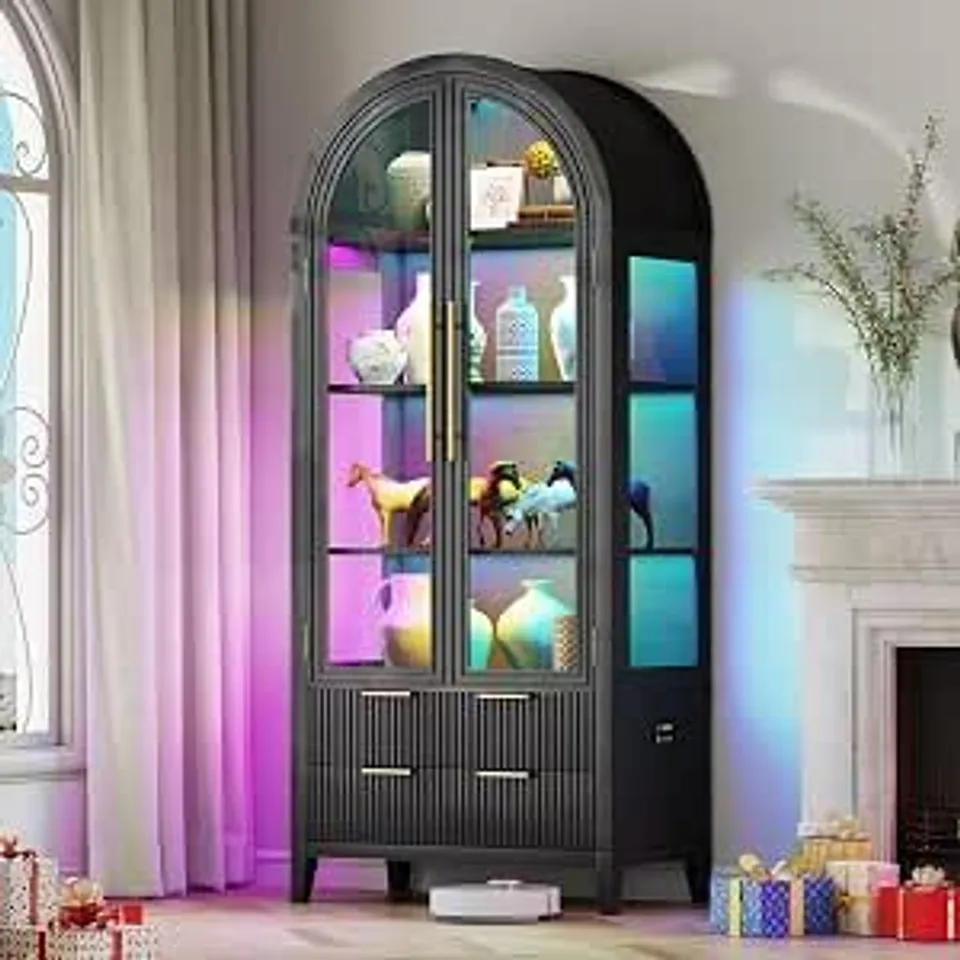BOXED VLSRKA ARCHED CURIO CABINET WITH GLASS DOORS, RGB LIGHTS FOR COLLECTIBLES