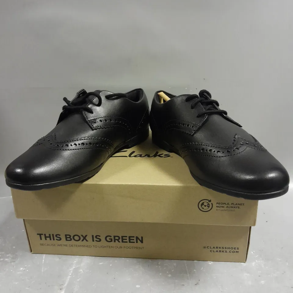 BOXED PAIR OF CLARKS SCALA LACE BLACK LEATHER SHOES - 4.5