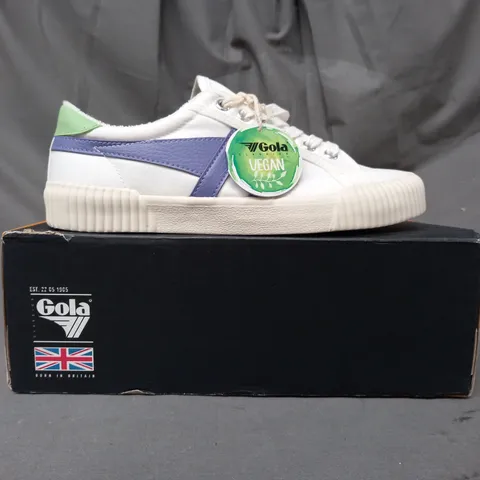 BOXED PAIR OF GOLA RALLY SHOES IN WHITE/LAVENDER/PATINA GREEN UK SIZE 6