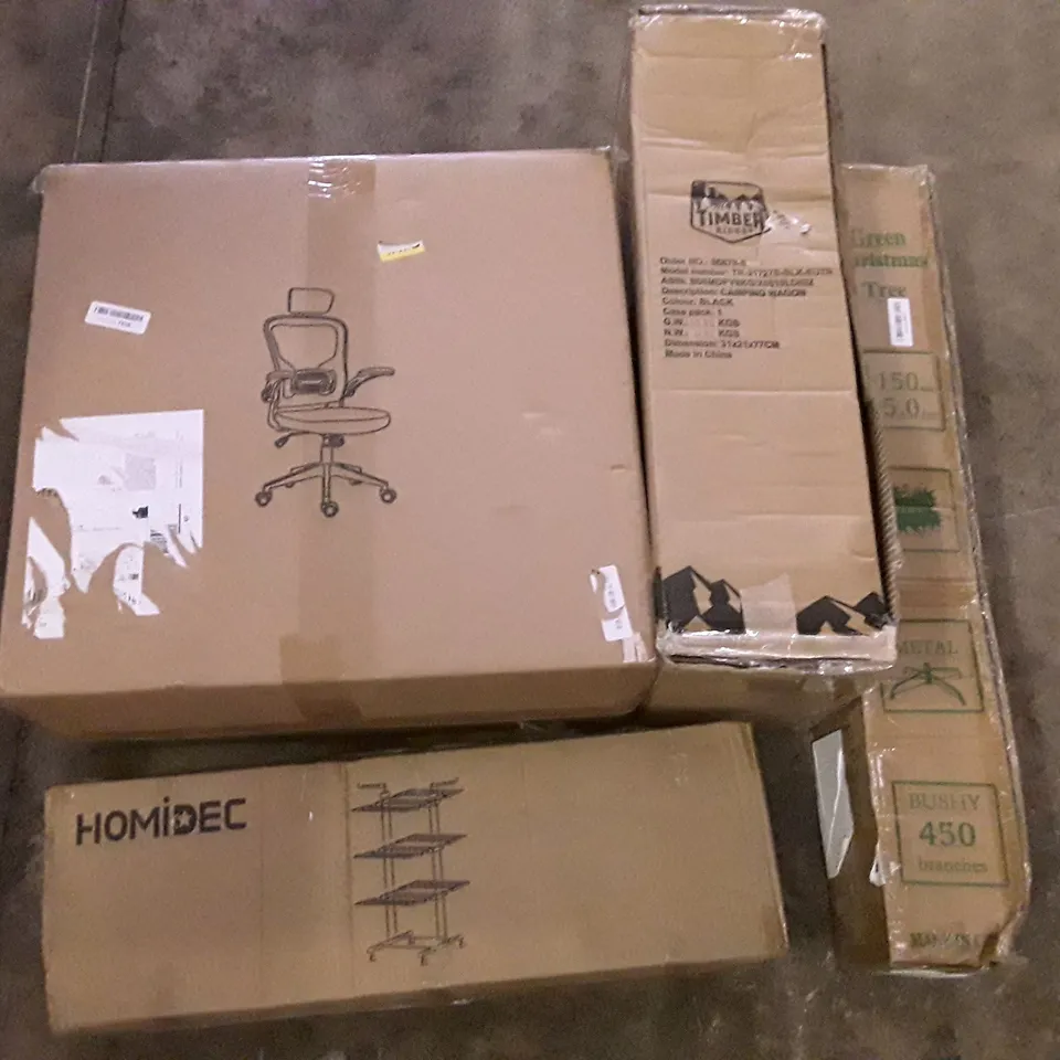 PALLET OF ASSORTED PRODUCTS INCLUDING OFFICE CHAIR, CAMPING WAGON, DRYING RACK, GREEN CHRISTMAS TREE