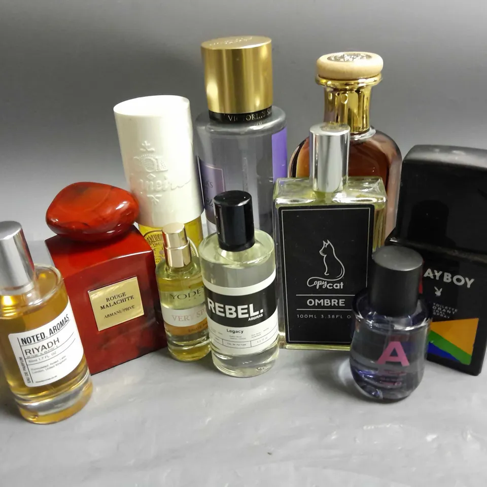 BOX OF APPROXIMATELY 10 ASSORTED UNBOXED FRAGRANCES TO INCLUDE - ARMANI/PRIVE ROUGE MALACHITE - VICTORIA'S SECRET MIDNIGHT BLOOM - SOL DE JANEIRO BRAZILIAN CRUSH - ETC - COLLECTION ONLY