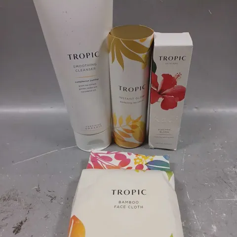 TROPIC LOT OF 4 COSMETIC PRODUCTS TO INCLUDE - ELECTRIC BLOOM TIGHTENING MASK - SMOOTHING CLEANSER - PERFECTING LEG SERUM - ETC