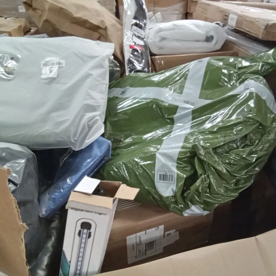 PALLET OF ASSORTED ITEMS INCLUDING LOOXII RETRACTABLE SAFETY GATE, ZOFFI WINDSCREEN WIPER, MISERWE SHOE STRETCHER, MISOUNDA L-SHAPED SHOWER CURTAIN ROD, GRAND PATIO, DRUM STOOL