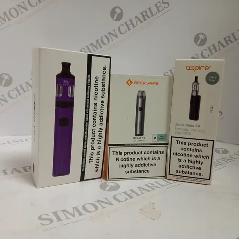 APPROXIMATELY 20 ASSORTED BOXED VAPING PRODUCTS TO INCLUDE INNOKIN ENDURA T20 S, GEEKVAPE WENAX H1, ASPIRE ZELOS NANO KIT ETC.