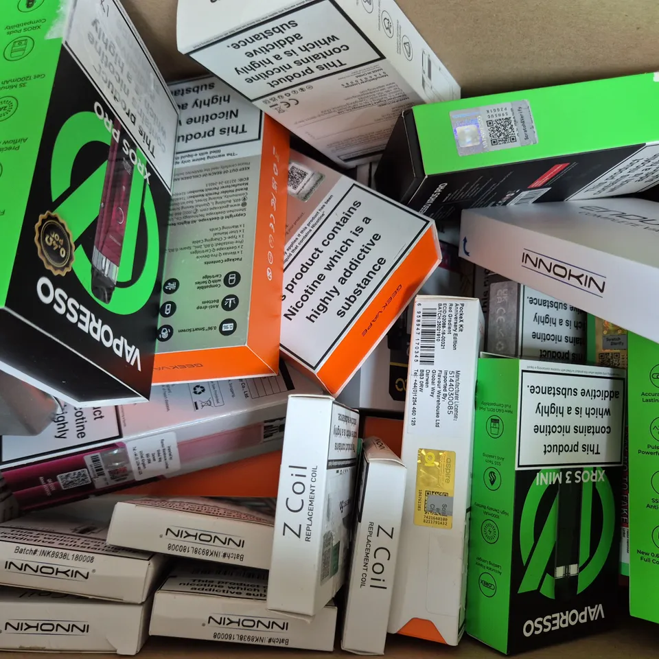 BOX OF APPROXIMATELY 20 ASSORTED VAPING ITEMS AND PRODUCTS TO INCLUDE VAPORESSO, ASPIRE, ETC