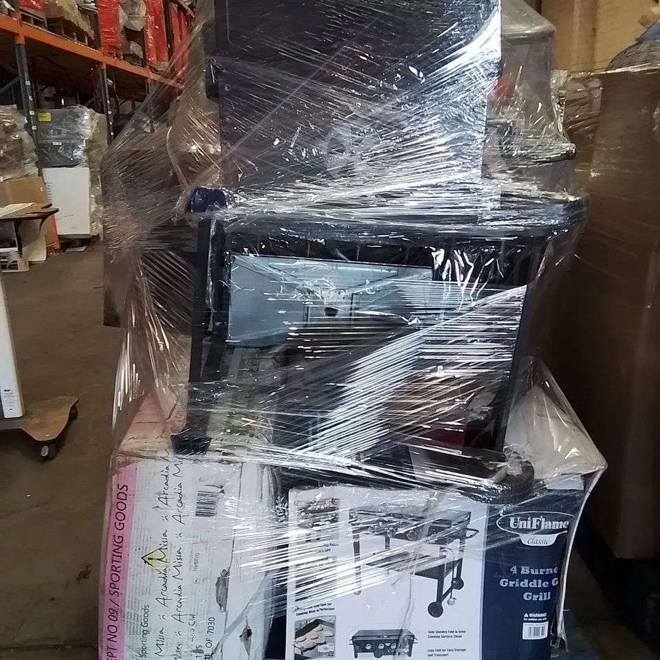 PALLET OF GARDEN PRODUCTS TO INCLUDE;TRAMPOLINE,BARBECUES