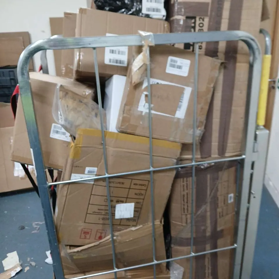 ASSORTED BOXED GOODS ON WHEELED TROLLEY – BULK LOT - ASSORTED BOXED GOODS ON WHEELED TROLLEY – MIXED LOT VARIOUS BROKEN AND DAMAGED ITEMS LARGE QUANTITY .