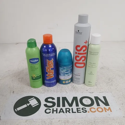 APPROXIMATELY 15 ASSORTED AEROSOLS TO INCLUDE VASELINE ALOE SOOTH, OSIS+ ELASTIC HOLD, AIRPURE SLEIGH RIDE, ETC