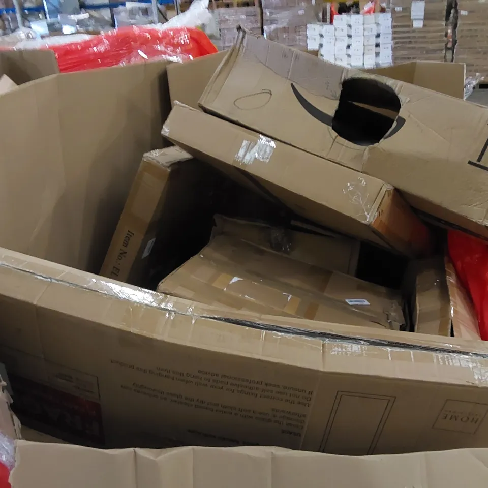 PALLET TO CONTAIN ASSORTED HOUSEHOLD PRODUCTS. INCLUDES DRESS MIRROR, OFFICE CHAIR MAT, METAL TOWEL RACK, BOXED FURNITURE ETC 