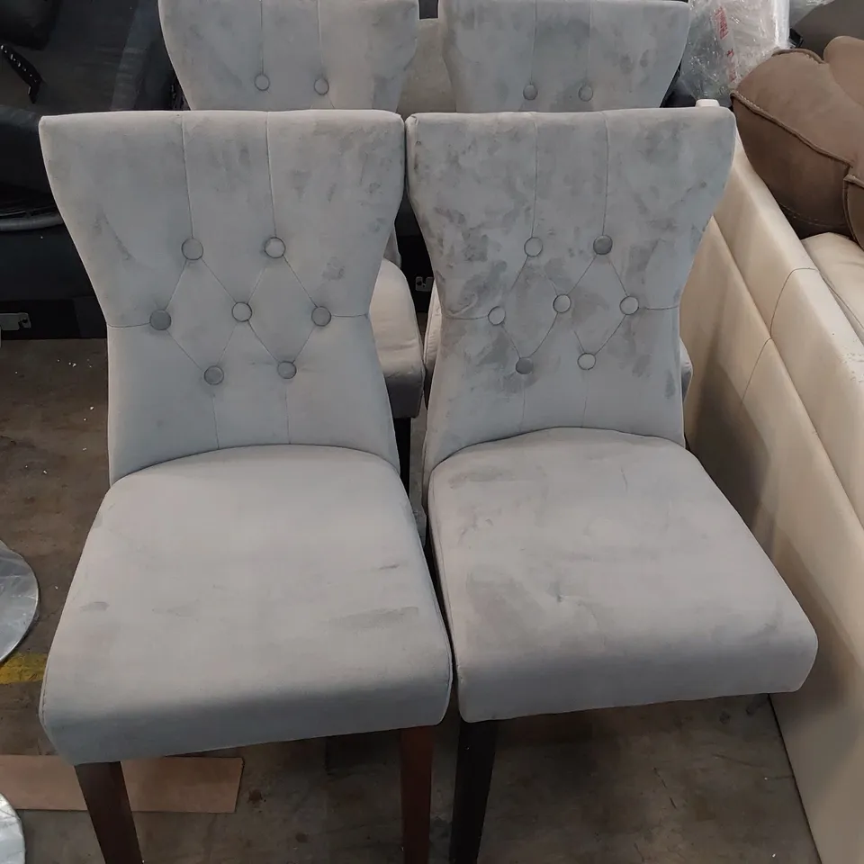 FOUR UPHOLSTERED BUTTONED RING BACK DINING CHAIRS PLUSH GREY FABRIC