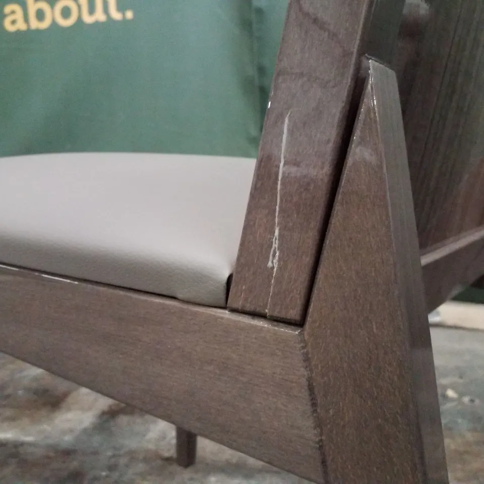 SET OF 2 TAUPE LEATHER DINING CHAIRS WITH WOODEN FRAMES