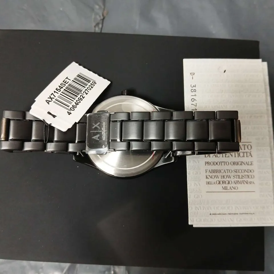 BOXED ARMANI EXCHANGE BLACK STAINLESS STEEL WATCH WITH BRACELET