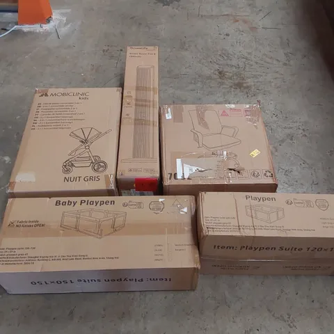 PALLET OF ASSORTED ITEMS INCLUDING: MOBICLINIC CONVERTIBLE STROLLER, OFFICE CHAIR, SMART TOWER FAN, PLAYPENS ECT
