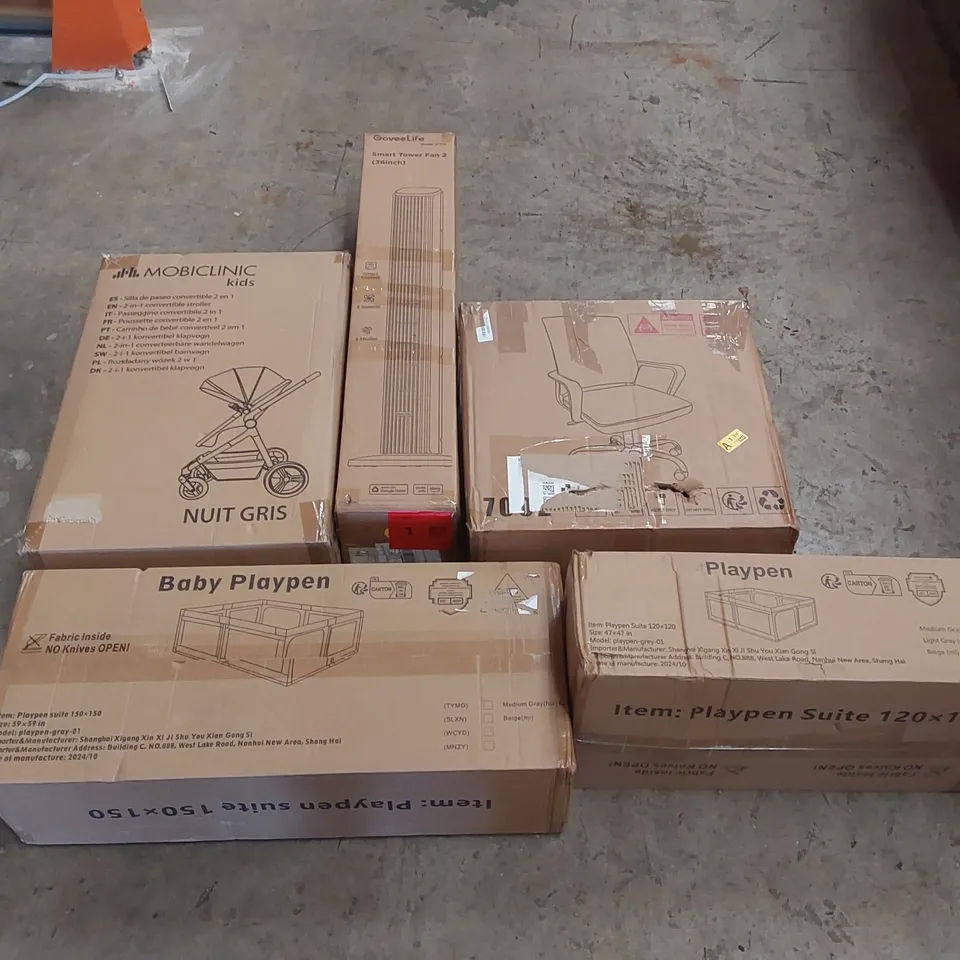 PALLET OF ASSORTED ITEMS INCLUDING: MOBICLINIC CONVERTIBLE STROLLER, OFFICE CHAIR, SMART TOWER FAN, PLAYPENS ECT