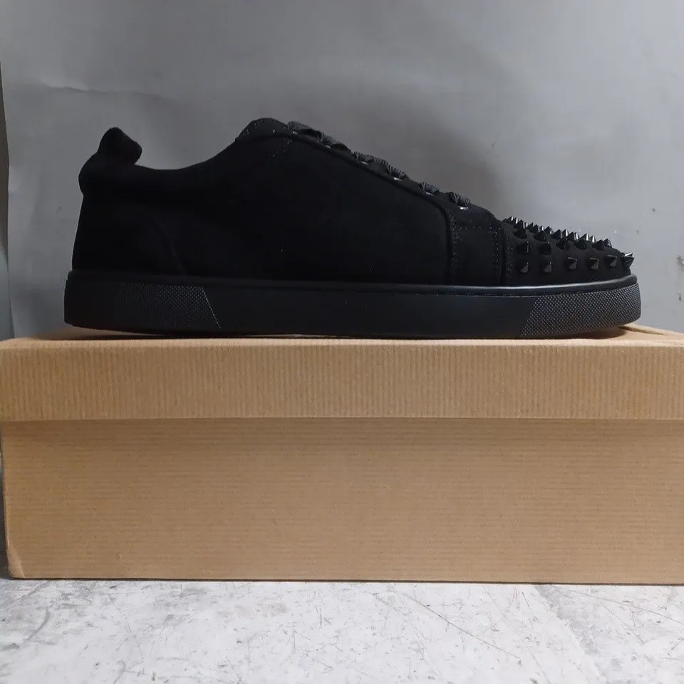 BOXED PAIR OF CHRISTIAN LOUBOUTIN SHOES IN BLACK W. SPIKE DETAIL SIZE UNSPECIFIED