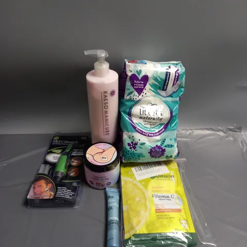BOX OF APPROXIMATELY 20 COSMETIC ITEMS TO INCLUDE - LIL-LETS MATERNITY PADS - GARNIER FACE MASKS - MENS GROOMING TOOL - ETC