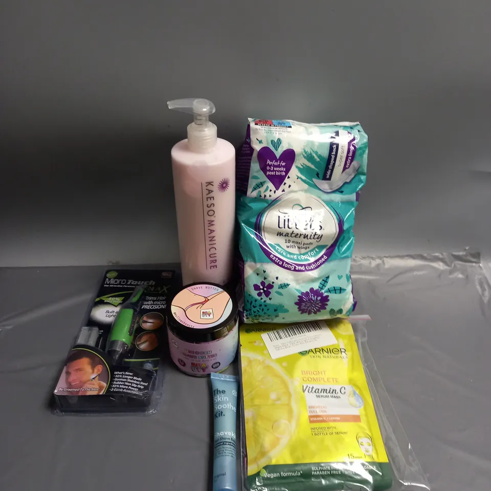 BOX OF APPROXIMATELY 20 COSMETIC ITEMS TO INCLUDE - LIL-LETS MATERNITY PADS - GARNIER FACE MASKS - MENS GROOMING TOOL - ETC 