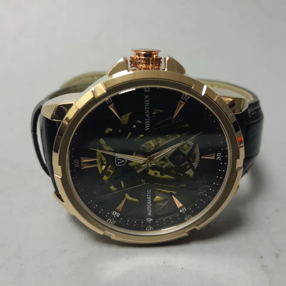 MENS VONLANTHEN AUTOMATIC SKELETON WATCH – V110 - GLASS EXHIBITION BACKCASE – BLACK LEATHER STRAP