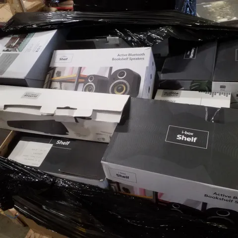PALLET CONTAINING ASSORTED ELECTRICAL PRODUCTS INCLUDING ACTIVE BLUETOOTH BOOKSHELF SPEAKERS, DETROIT RETRO RADIO & BLUETOOTH GAMING SOUNDBAR
