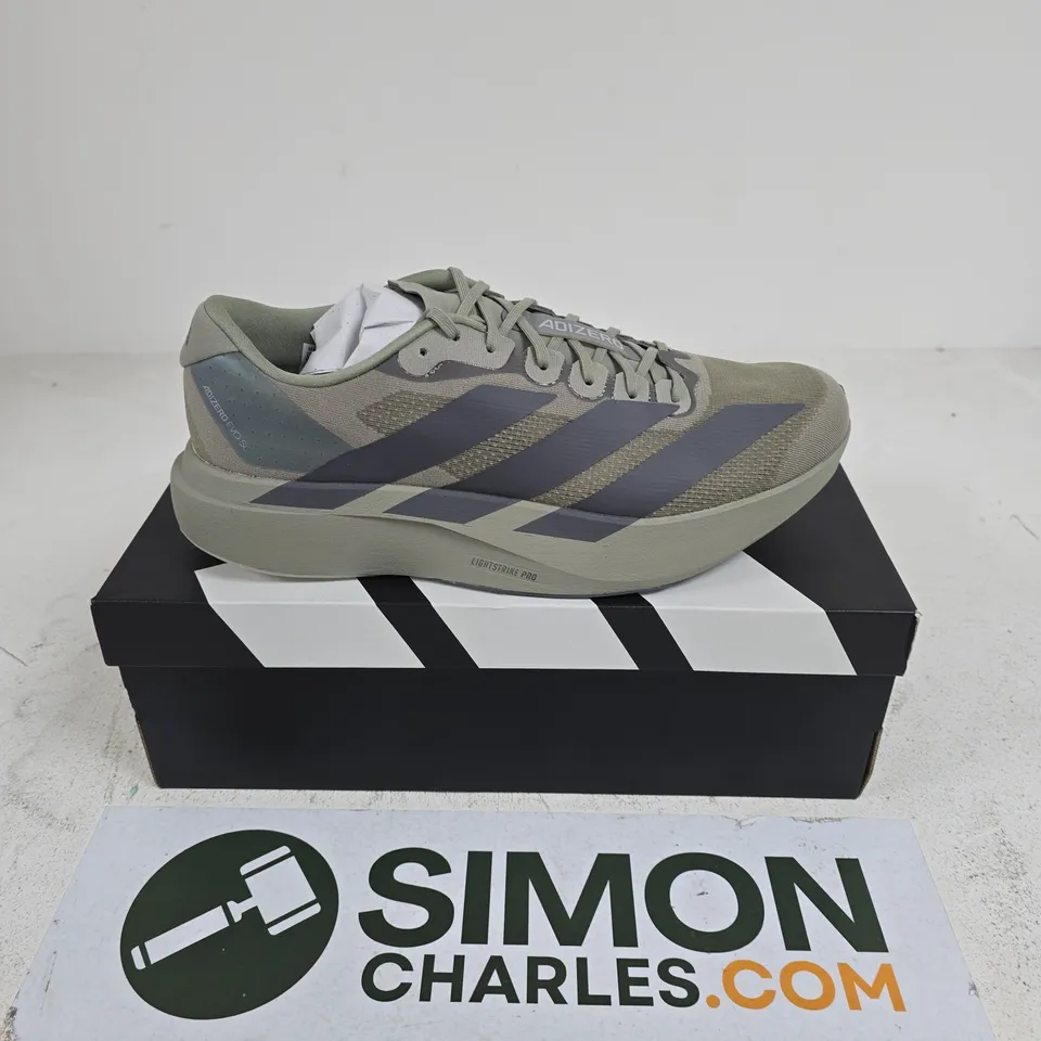 BOXED PAIR OF ADIDAS ADIZERO EVO SL M TRAINERS IN KHAKI - UK 11