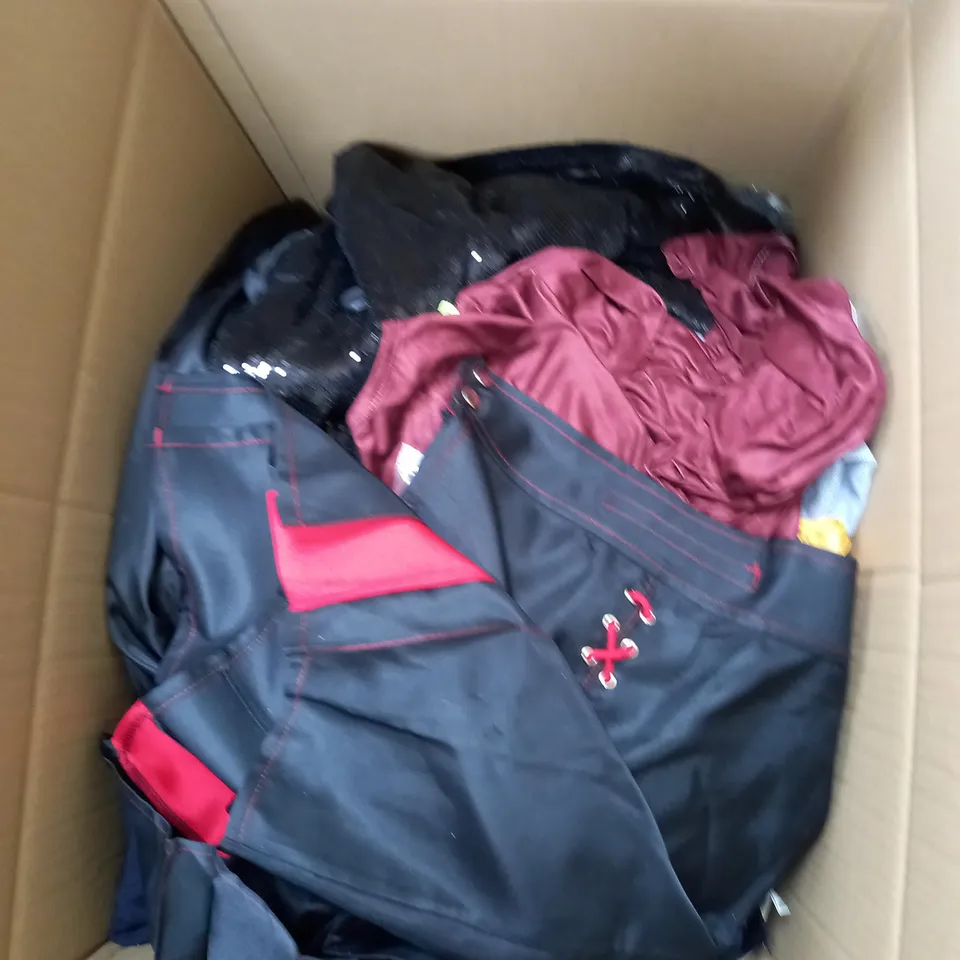 LARGE BOX OF ASSORTED CLOTHING ITEMS IN VARIOUS COLOURS AND SIZES INCLUDING TROUSERS , TOPS AND JUMPERS 