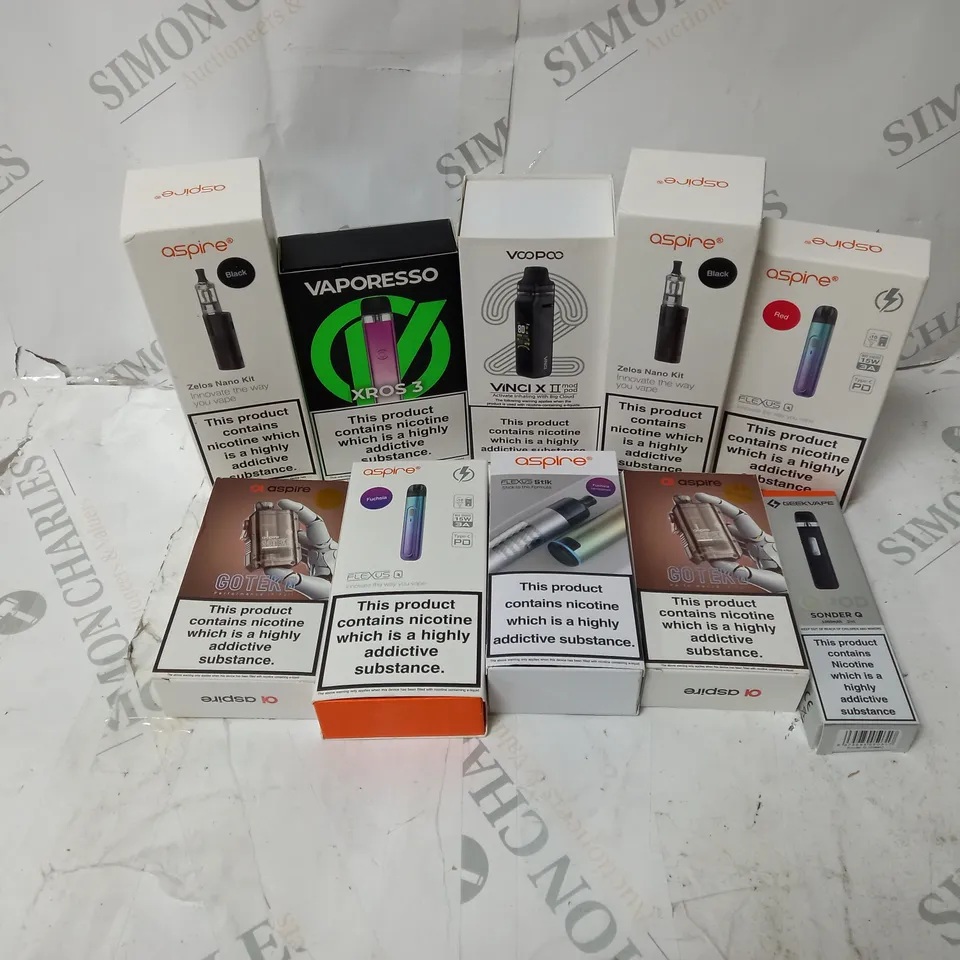 BOX OF APPROXIMATELY 10 ASSORTED E-CIG PRODUCTS TO INCLUDE VAPORESSO, GEEKVAPE, ASPIRE