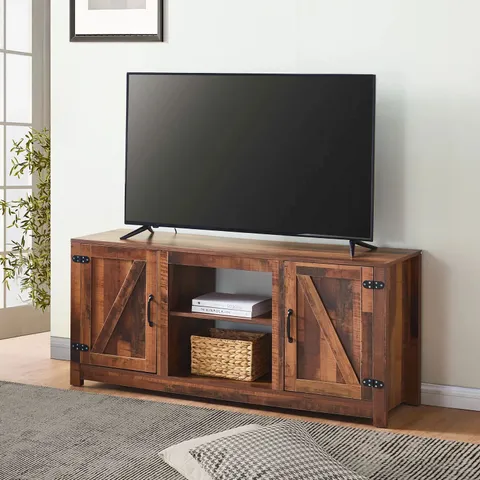 BOXED IDIS RUSTIC INDUSTRIAL WOOD TV STAND - BROWN 