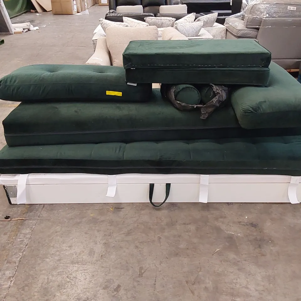 DESIGNER 3 SEATER SOFA BED IN EMERALD GREEN FABRIC 