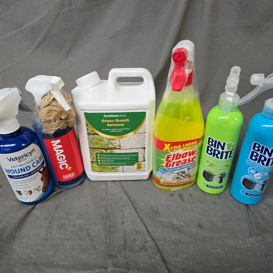 APPROXIMATELY 10 ASSORTED HOUSEHOLD LIQUID PRODUCTS TO INCLUDE ANTIMICROBIAL WOUND CARE, GREEN GROWTH REMOVER, ELBOW GREASE, ETC - COLLECTION ONLY