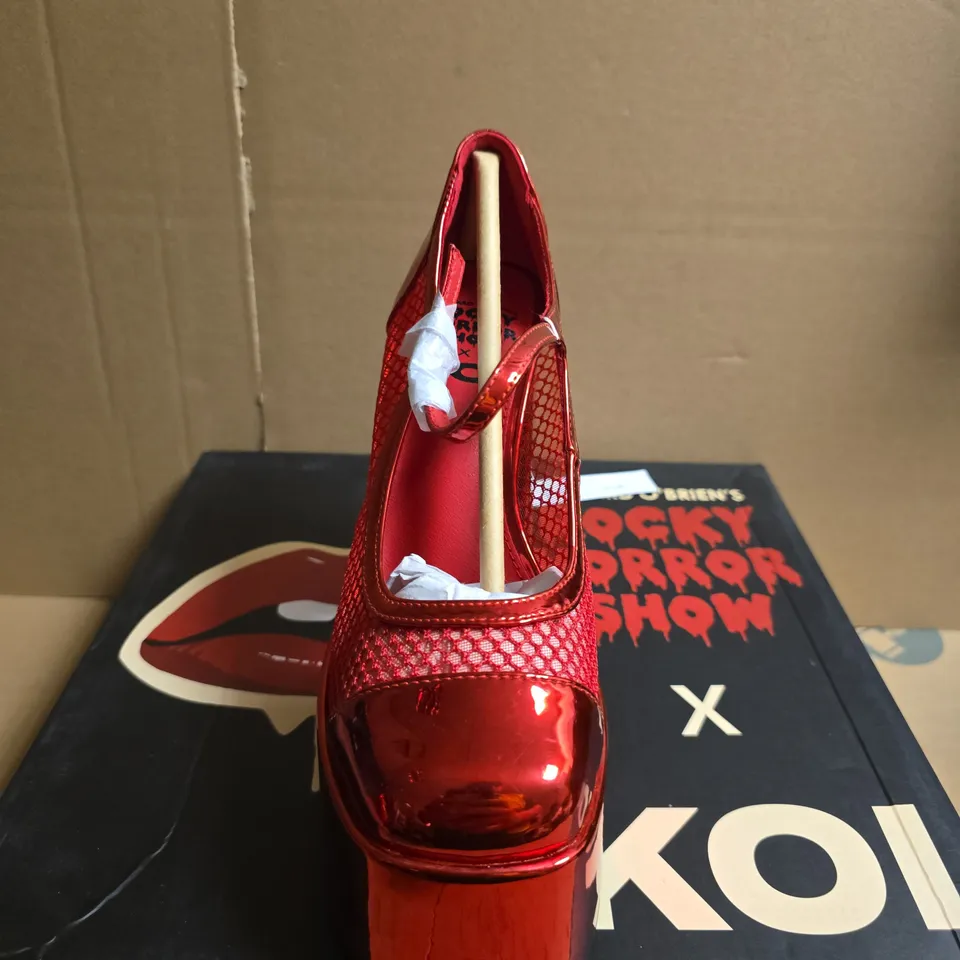 BOXED PAIR OF KOI X ROCKY HORROR SHOW REGULAR FRANKIE FAN FISHNET PLATFORM HEELS - RED, UK 3