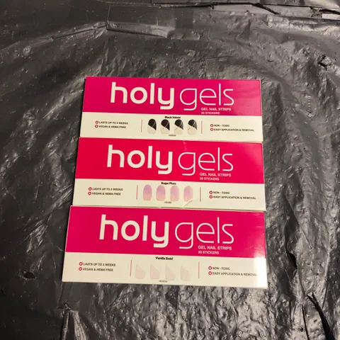 HOLYGELS GEL NAIL STRIPS – SET OF 3 BOXES (20 STICKERS EACH) – BLACK VELVET, SUGAR PLUM & VANILLA SWIRL