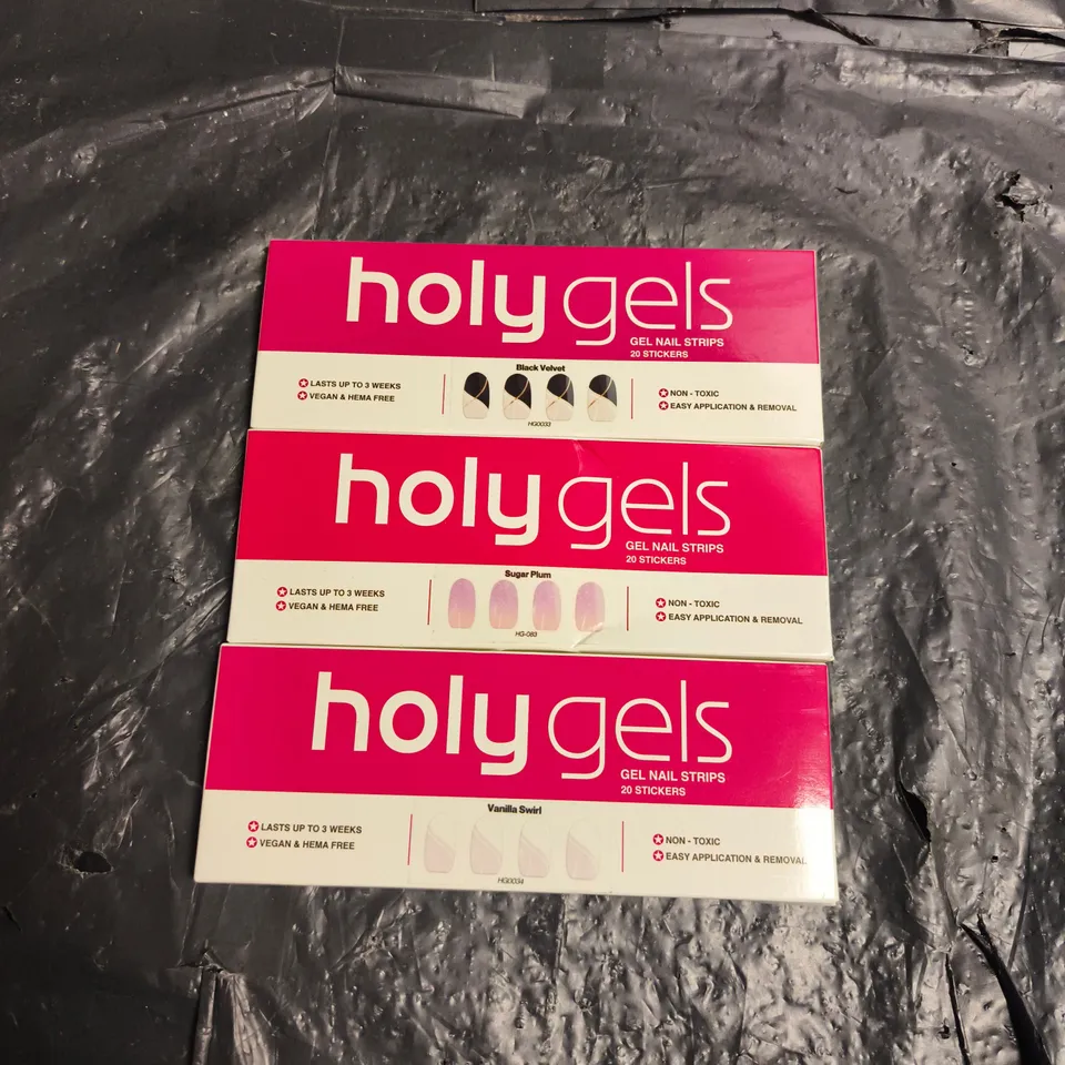 HOLYGELS GEL NAIL STRIPS – SET OF 3 BOXES (20 STICKERS EACH) – BLACK VELVET, SUGAR PLUM & VANILLA SWIRL