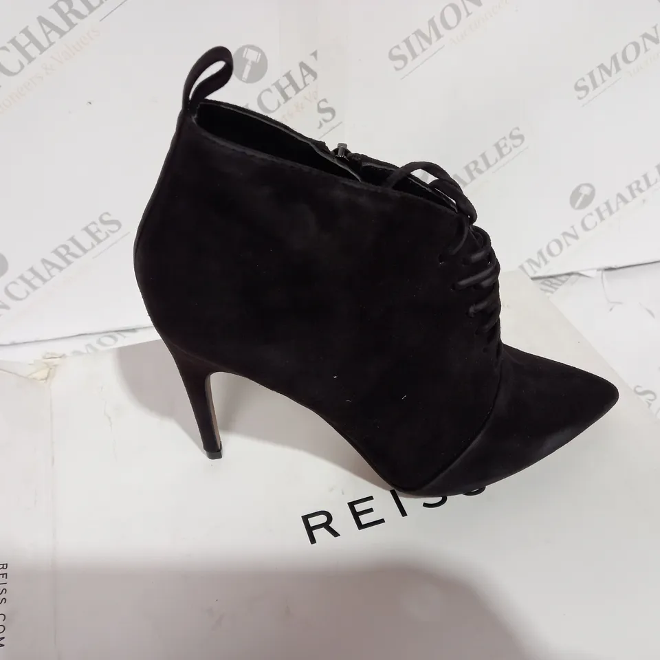 BOXED REISS SUEDE CHOCOLATE BOOT HEELS - SIZE 6