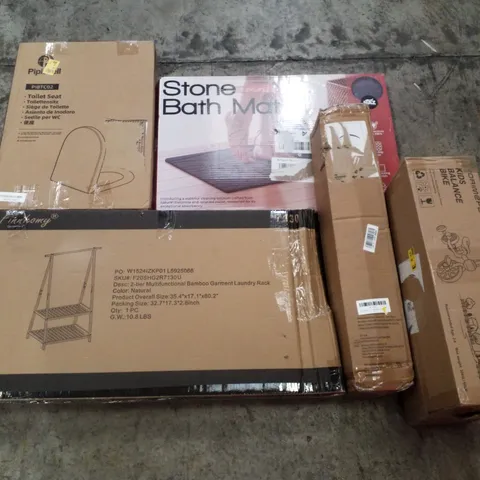 PALLET CONTAINING ASSORTED PRODUCTS INCLUDING TOILET SEAT, STONE BATH MAT, 2-TIER MULTIFUNCTIONAL BAMBOO GARMENT LAUNDRY RACK, BEACH TENT & KIDS BALANCE BIKE