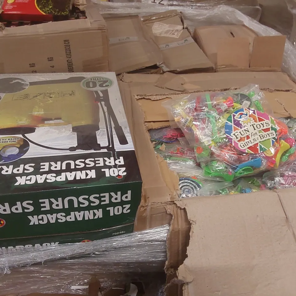 PALLET TO CONTAINING A VERY LARGE QUANTITY OF ASSORTED ITEMS INCLUDING: 20L PRESSURE SPRAYER, TAKE-A-PART TOYS, ASSORTED TOY BAGS, FLY TRAPS ECT