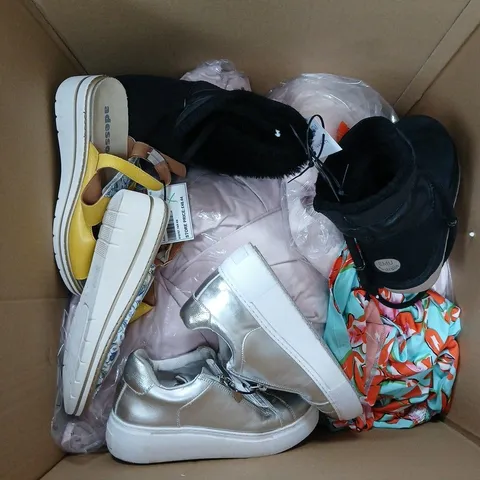 A BOX OF APROXIMATELY 10 ASSORTED TO INCLUDED SHOES, BED SHEET AND DUVET SET