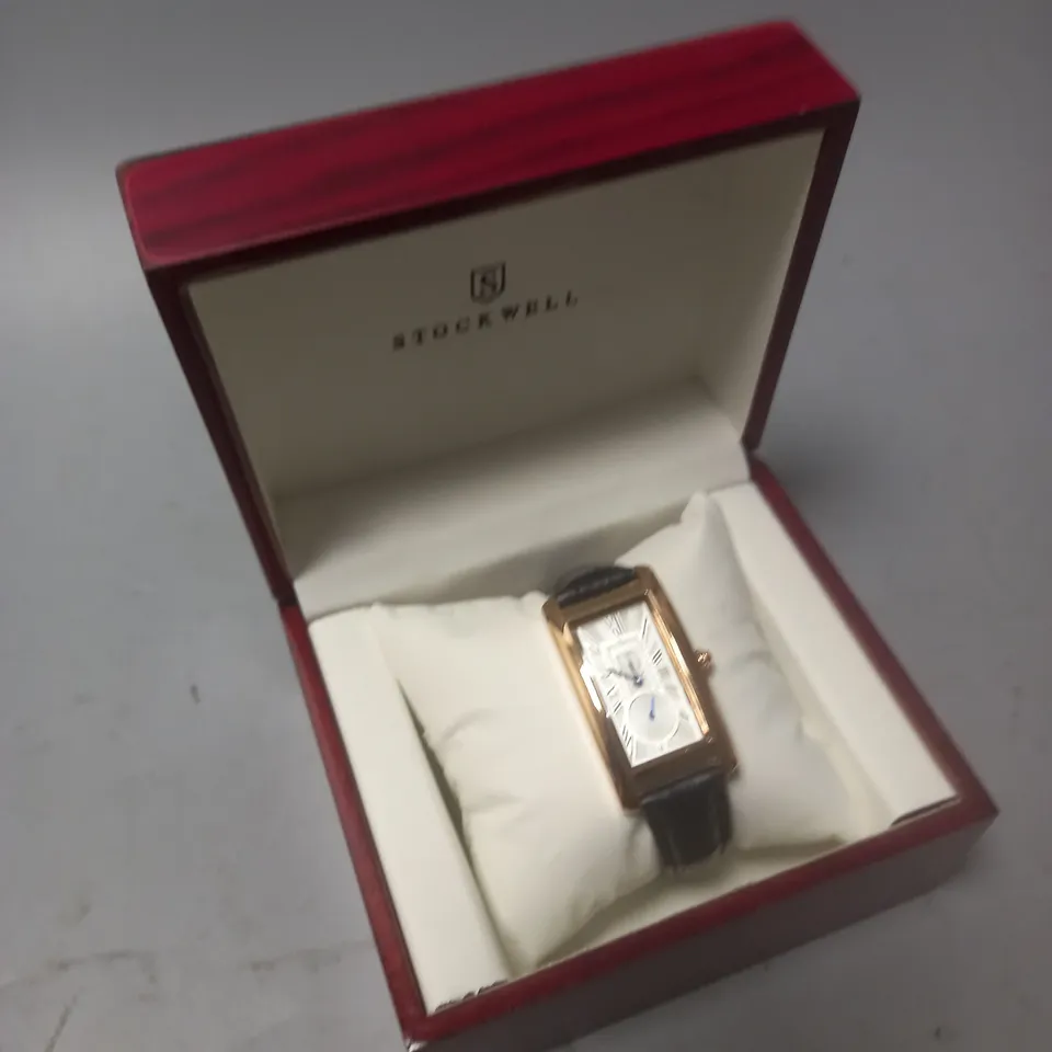 STOCKWELL SQUARE BODIED LADIES WATCH WITH BLACK LEATHER STRAP IN WOODEN GIFT BOX