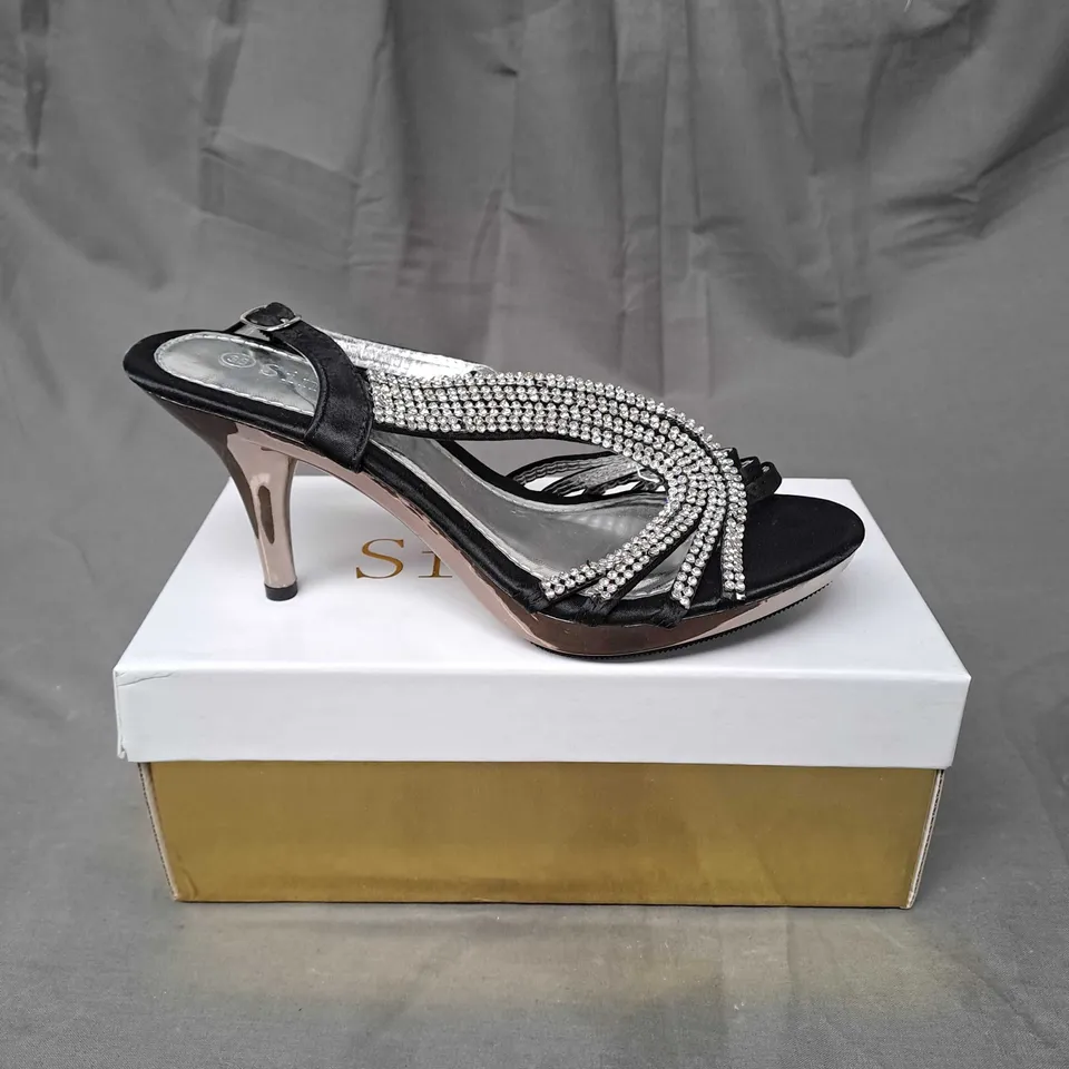 BOX OF APPROXIMATELY 10 PAIRS OF EMBELLISHED STRAPPY HEELS IN BLACK - VARIOUS SIZES