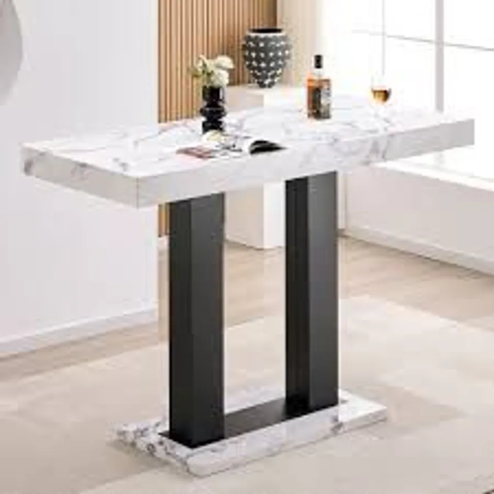 BOXED CAPRICE LARGE BAR TABLE WITH DIVE MARBLE EFFECT TOP AND BLACK LEGS (2 BOXES)